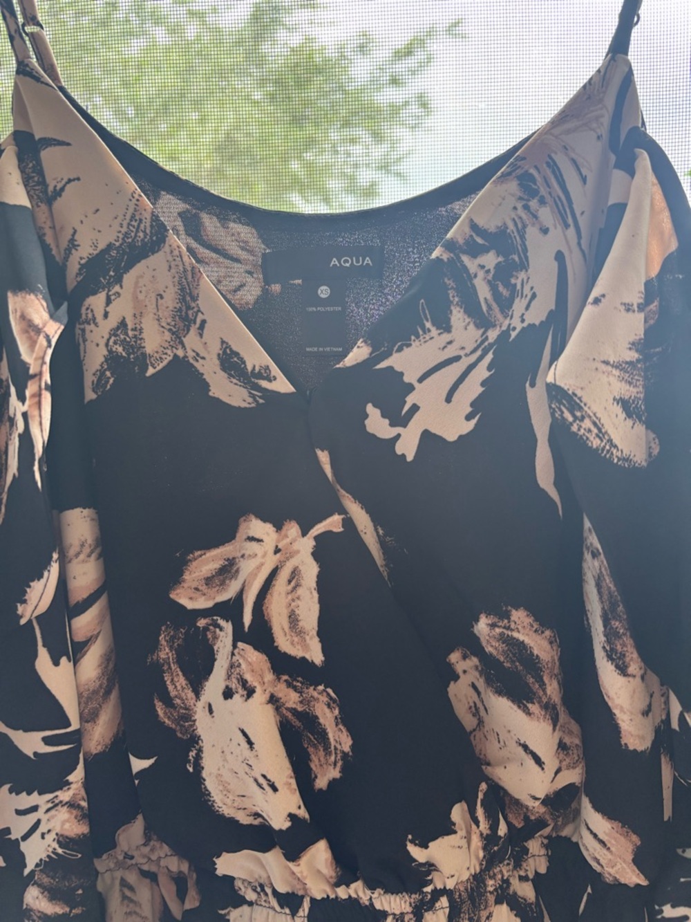 Aqua Black and Beige Floral Faux Wrap Dress